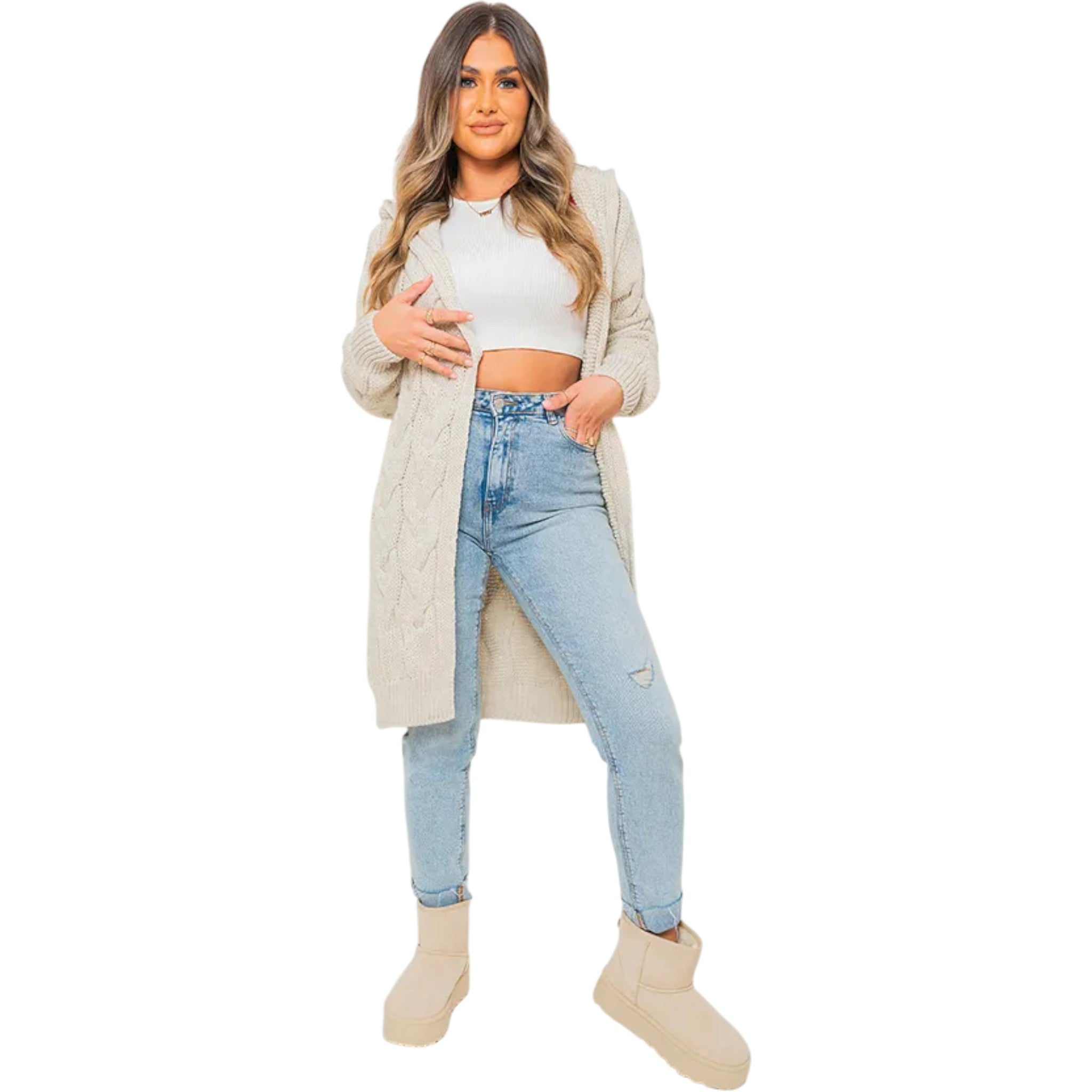 Ladies Italian Beige cable knit open-front longline cardigan for women